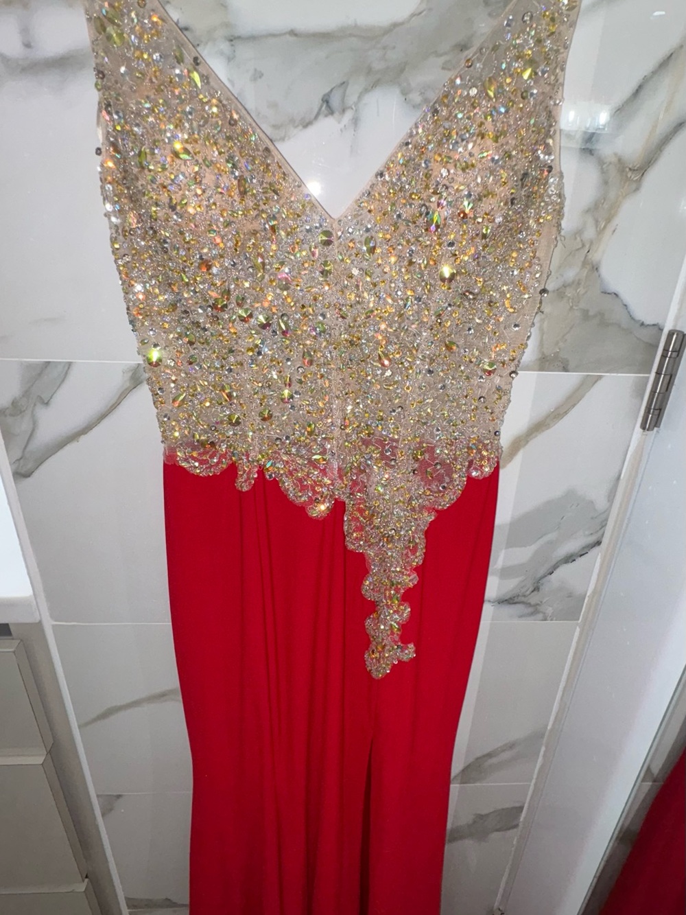 Let’s fashion Red Evening Gown with Embellished Gold Bodice